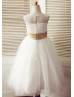 Sheer Neckline Ivory Lace Tulle Tea Length Flower Girl Dress